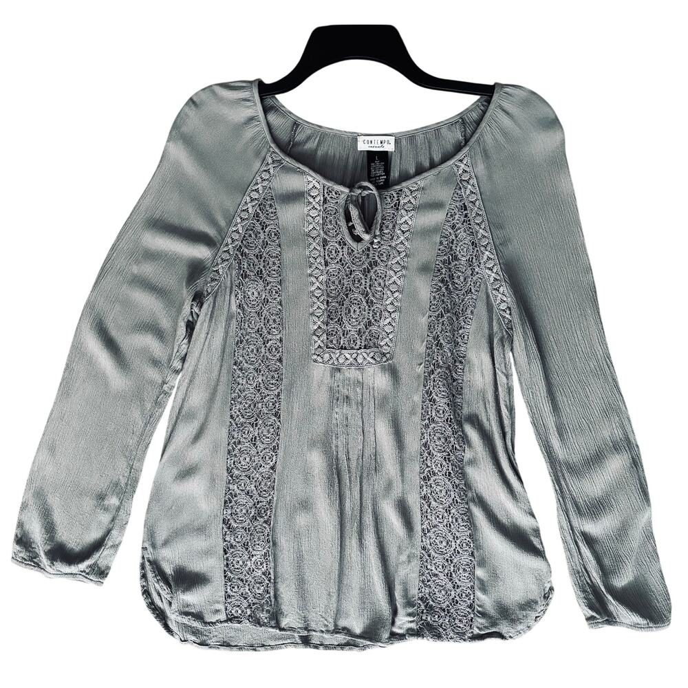 Contempo Casuals Boho Lace Panel Blouse Women’s Taupe Gray Rayon Peasant 90s